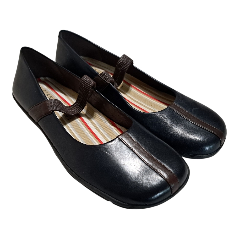 Giani Bernini Black and Brown Leather Flats with Mary Jane Strap